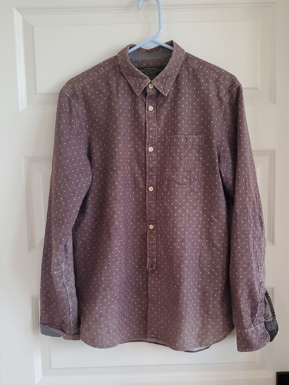 AllSaints Men's Long-Sleeve Button-Down Shirt in Mauve with Micro Dot Print
